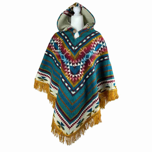 Warm Cozy Boho Alpaca Wool Hooded Poncho - Winter Soft Outerwear for Women, Dark Teal V Style Cape with Mustard Tassels
