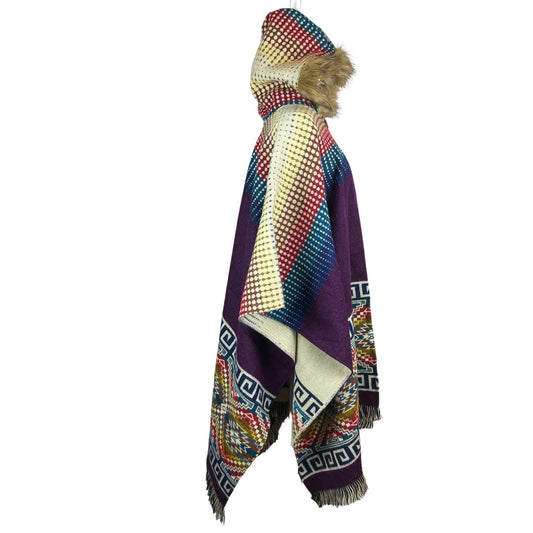 Warm Faux Fur Hooded Hippie Poncho Purple Colorful