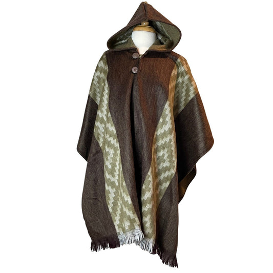 Warm Hooded Alpaca Poncho | Brown Sage