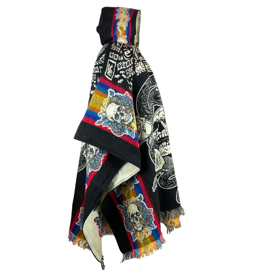 Skull Snake Roses Mens Poncho Hoodie | Black - Brown - Gray - Teal