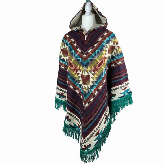 Soft Warm Boho Alpaca Wool Hooded V Style Poncho - Maroon Dark Teal