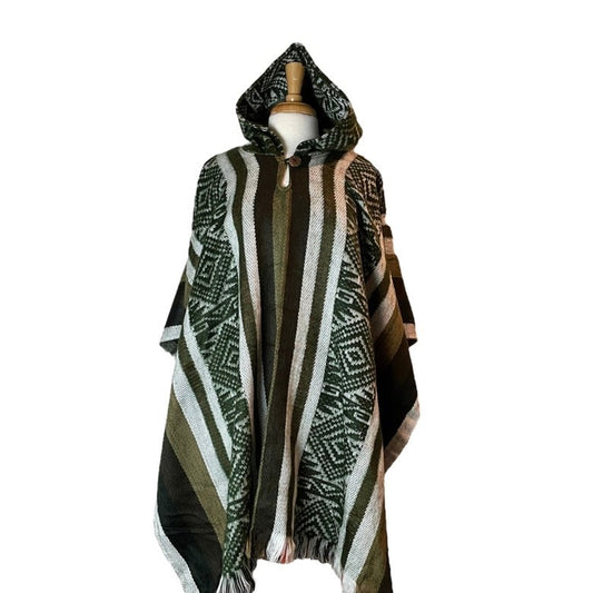 Warm Hooded Alpaca Poncho | Green White