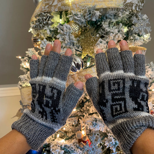 Soft Alpaca Fingerless Gloves Size SM Neutral Gloves Llama Design
