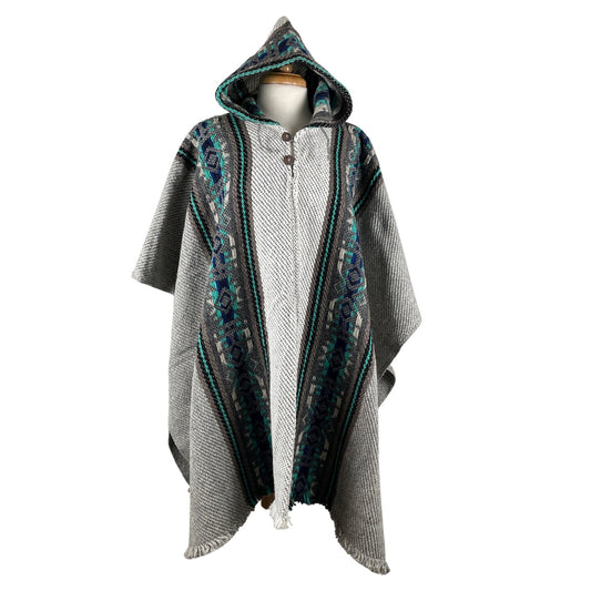Weighted Hippie Hooded Sheep Wool Poncho | Silver Gray Turquoise