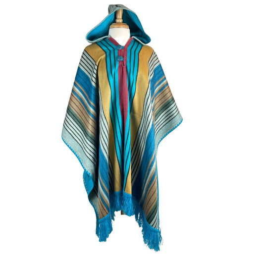 Warm Hooded Alpaca Poncho Men Women | Mustard Sky Blue