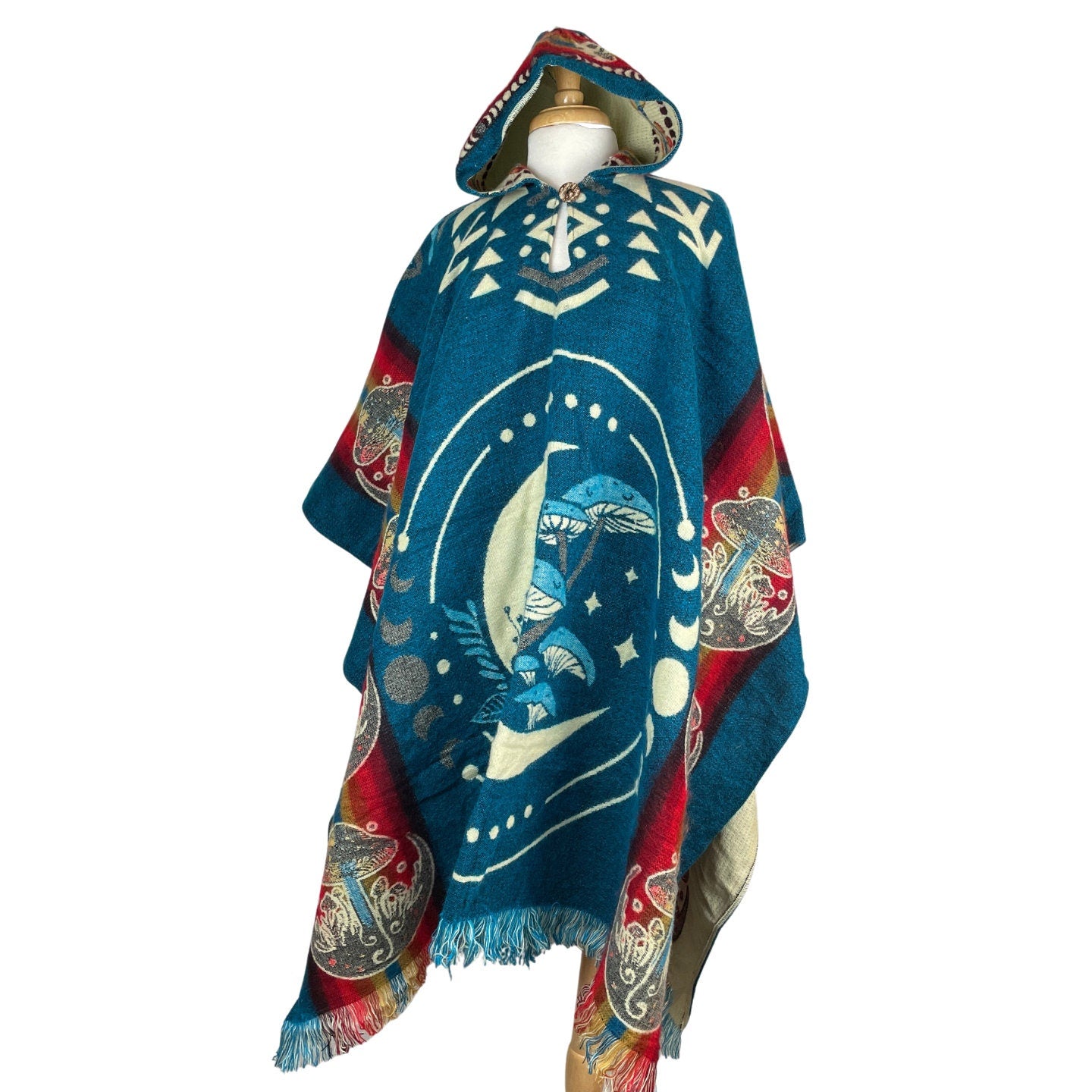 Mushrooms & Moon Phases Alpaca Poncho Hoodie | Black - Purple - Teal - Navy