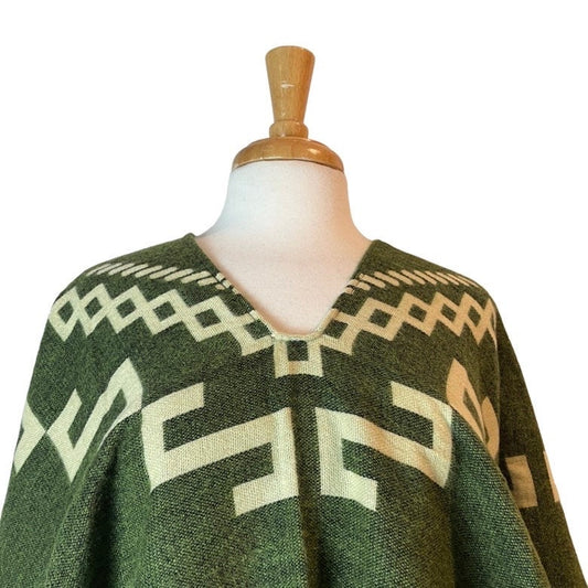 Unisex Warm Green Beige Alpaca Poncho