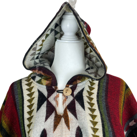 Warm Mens Alpaca Poncho Hoodie | Red Beige Green