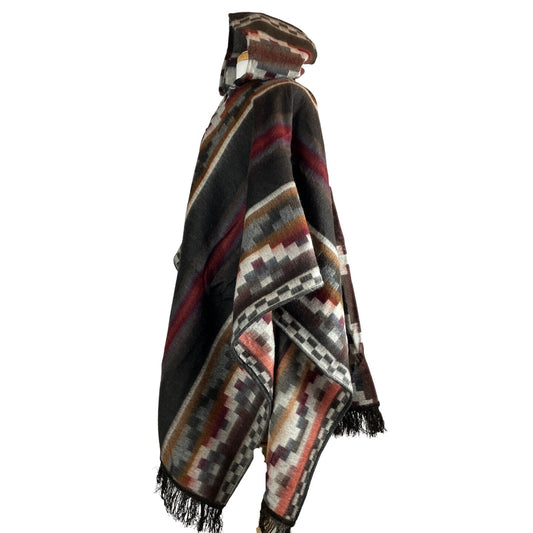 Warm Hooded Poncho Women | Mocha Beige Red