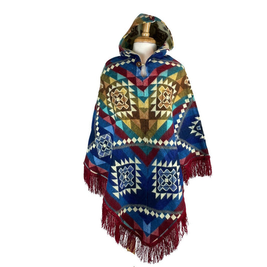 V-Shaped Alpaca Hooded Poncho | Yellow Blue Red