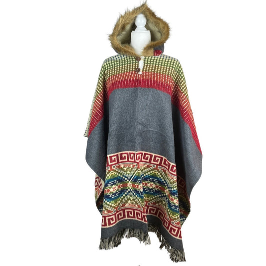 Faux Fur Hooded Hippie Poncho | Gray Olive Red