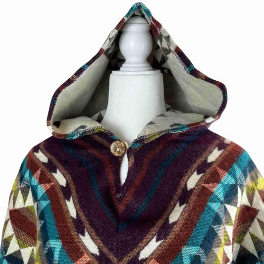 Soft Warm Boho Alpaca Wool Hooded V Style Poncho - Maroon Dark Teal