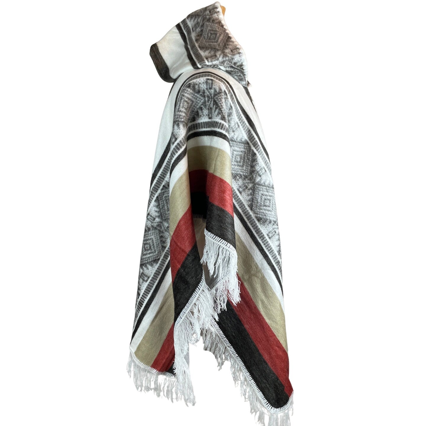 Warm Hooded Open Alpaca Poncho | White Tan Brick