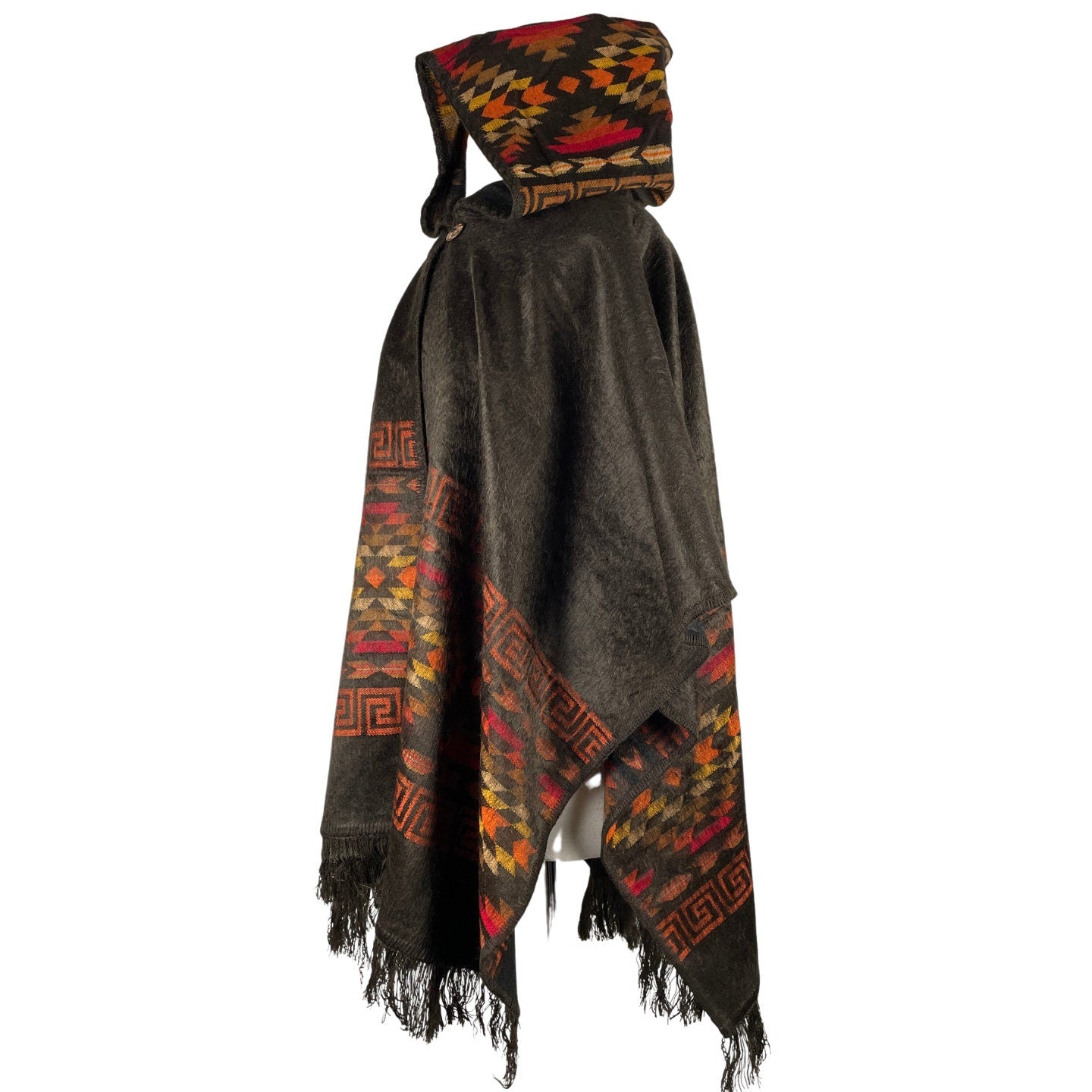 Warm Hooded Open Alpaca Poncho | Mocca Orange