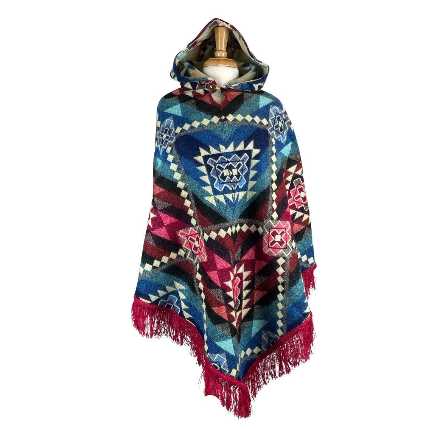 V-Shaped Alpaca Hooded Poncho | Blue Gray Pink