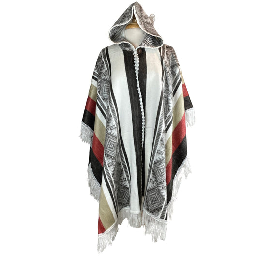 Warm Hooded Open Alpaca Poncho | White Tan Brick