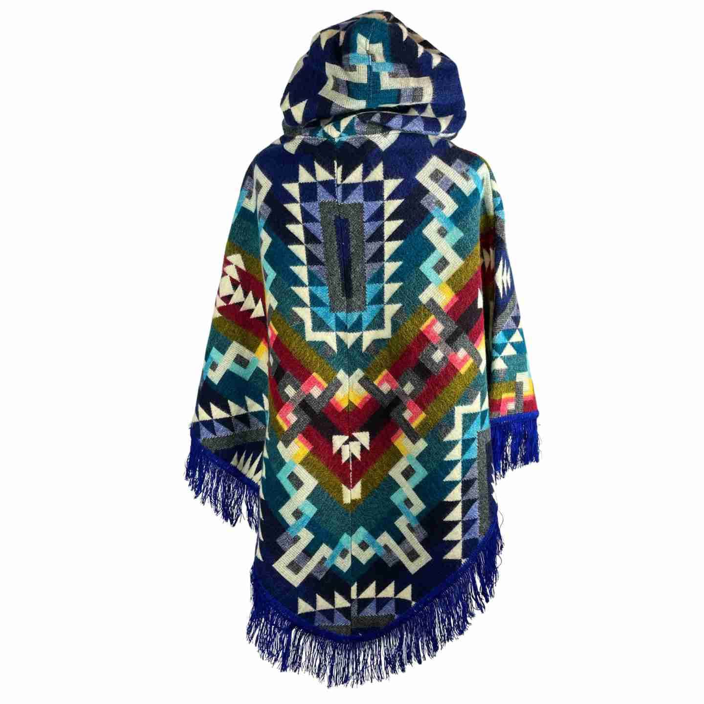 Warm Cozy Boho Alpaca Wool Hooded Poncho - Winter Soft Outerwear for Women, Royal Blue Colorful V Style Cape with Tassels