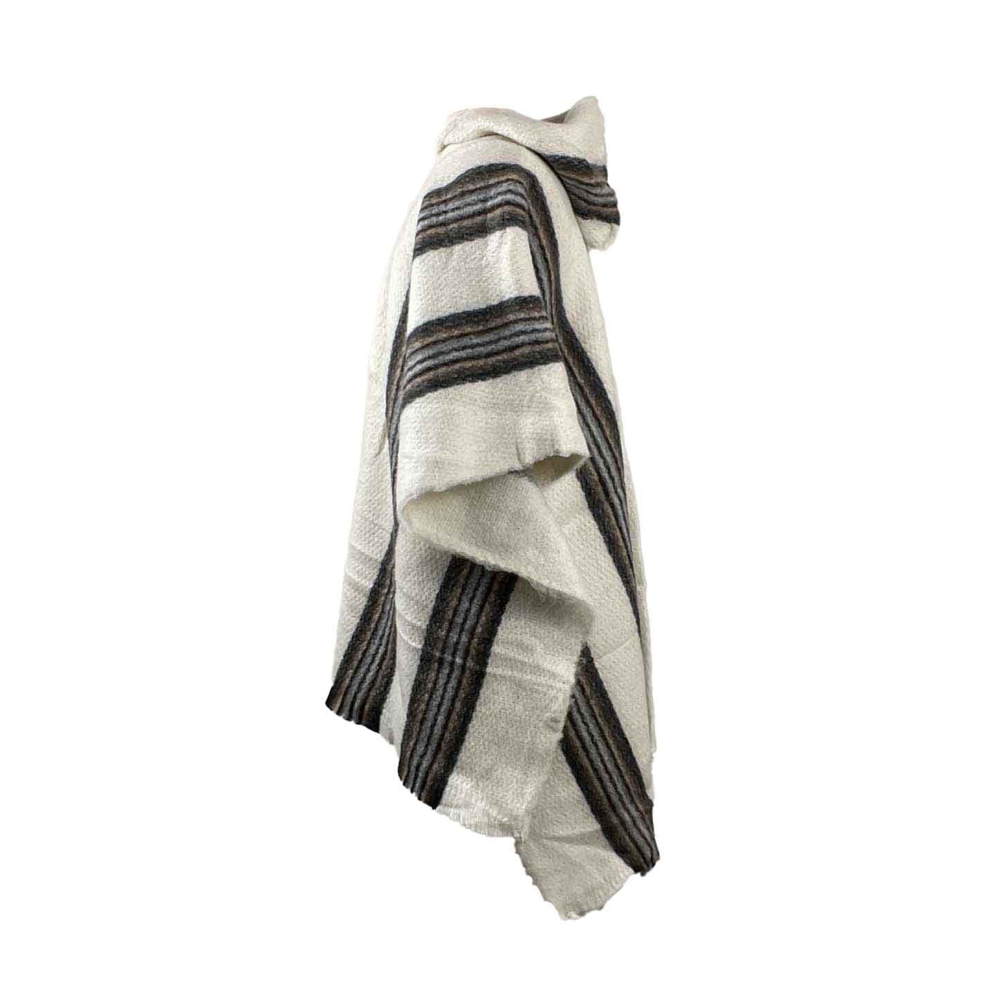 White Brown Hooded Wool Weighted Poncho