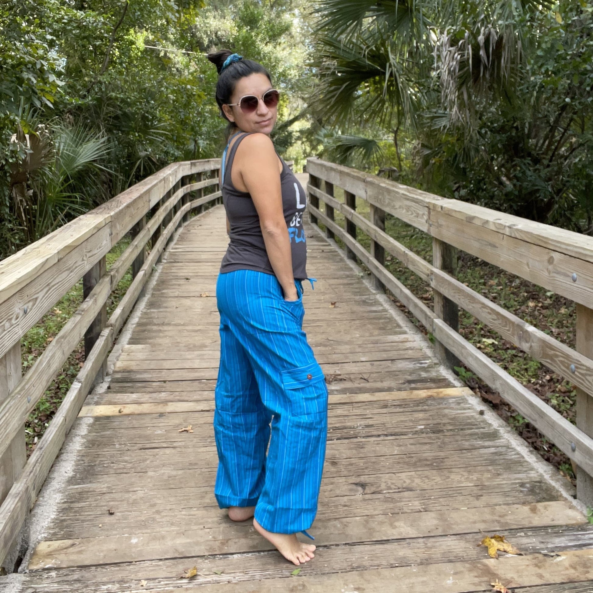 Loose Comfy Elastic Waist Pants |Loungewear Drawstring Trousers | Trendy Hippie Striped Pants | Cargo Pants | Blue