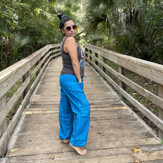 Loose Comfy Elastic Waist Pants |Loungewear Drawstring Trousers | Trendy Hippie Striped Pants | Cargo Pants | Blue