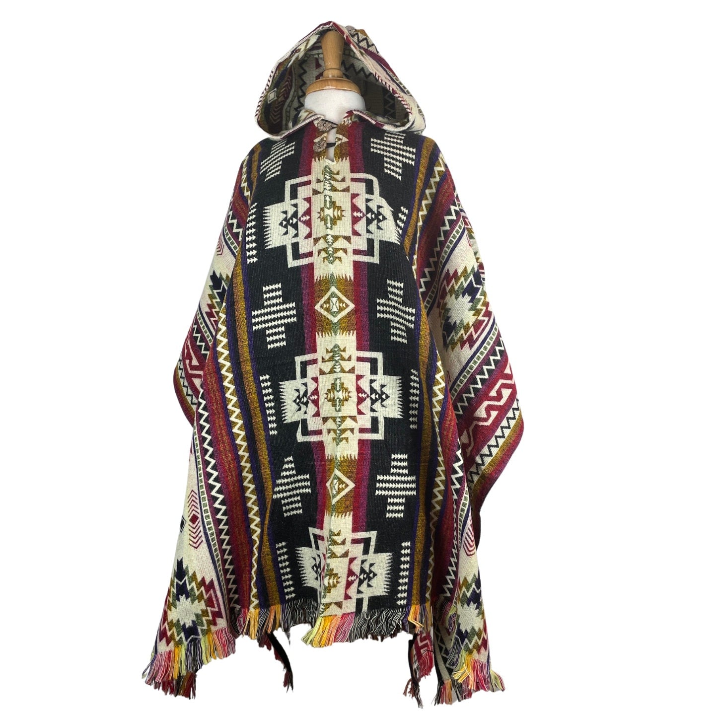 Mens Alpaca Wool Poncho Hoodie | Black Berry Beige