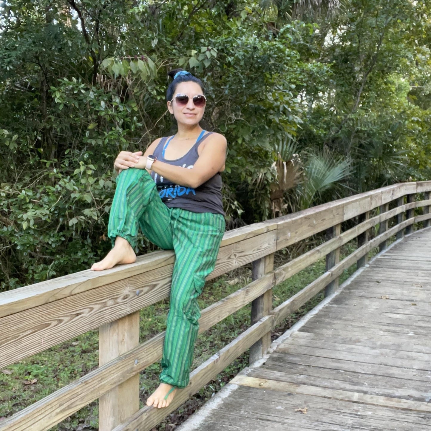 Loose Comfy Elastic Waist Pants |Loungewear Drawstring Trousers | Trendy Hippie Striped Pants | Cargo Pants | Green