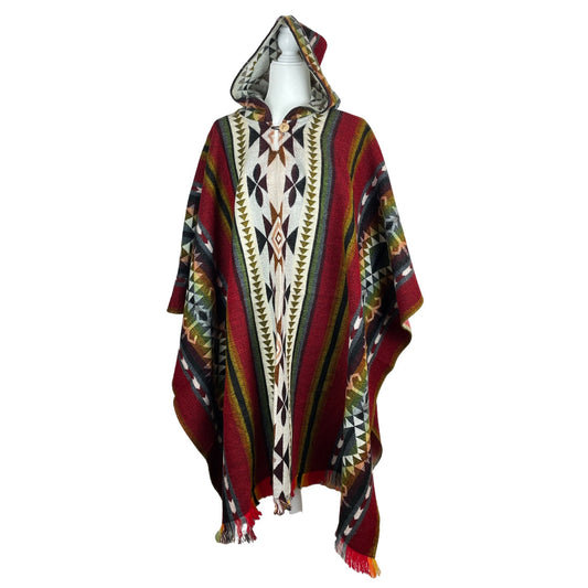 Warm Mens Alpaca Poncho Hoodie | Red Beige Green