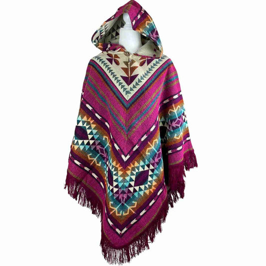 Soft Cozy Boho Alpaca Wool Hooded V Style Poncho - Magenta Beige