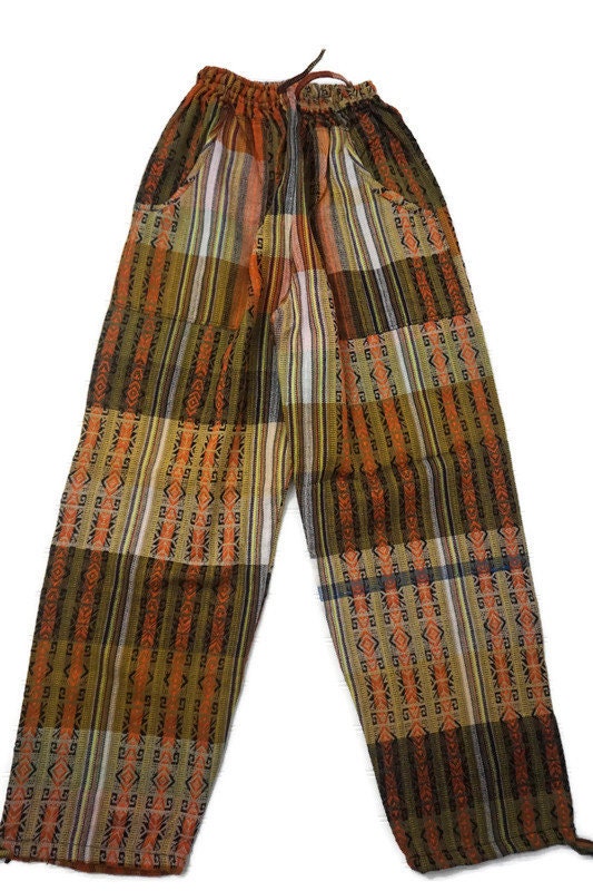 Pants Size L | Boho Womens Pants | Men Hippie Pants | Orange Mustard Black | Lounge Wear | Father's Day Gift