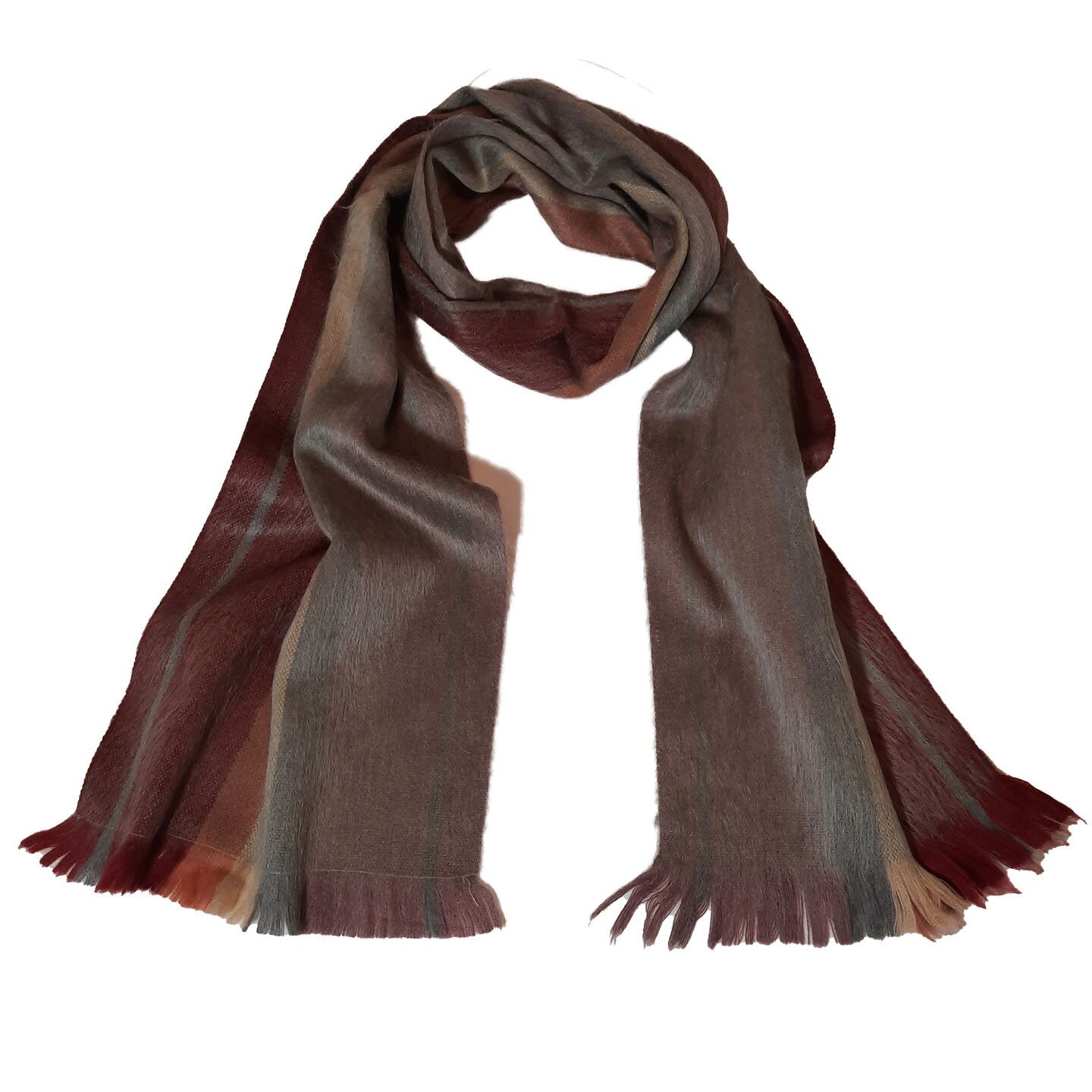 Warm & Soft Alpaca Wool Fringe Scarf | Womens Winter Scarf | Mens Skinny Scarf | Travel Scarf | Peach Stripes