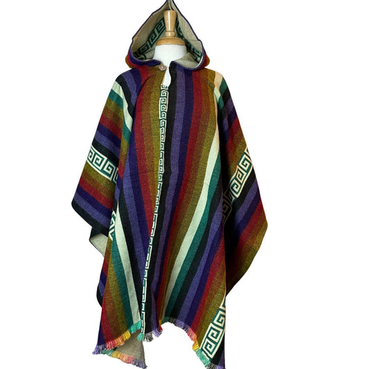 Warm Hooded Alpaca Poncho | Rainbow White