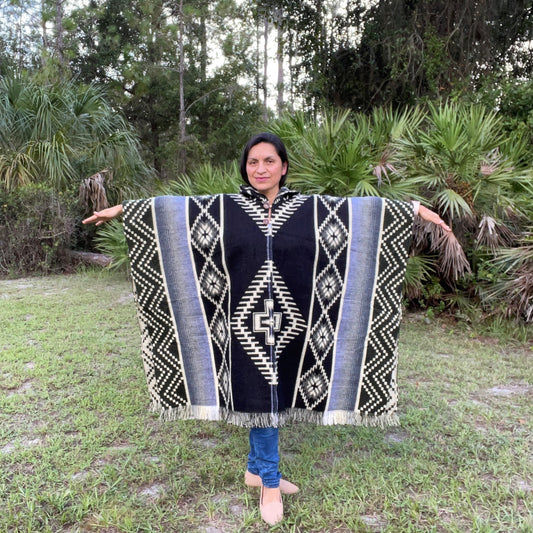 Hippie Warm Hooded Mens Wool Poncho | Black Olive