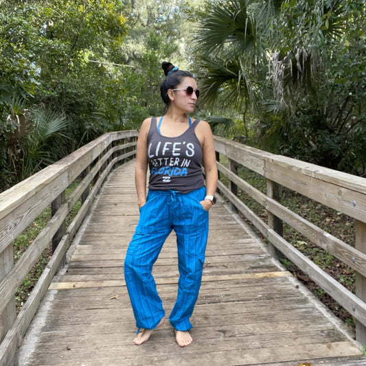 Loose Comfy Elastic Waist Pants |Loungewear Drawstring Trousers | Trendy Hippie Striped Pants | Cargo Pants | Blue