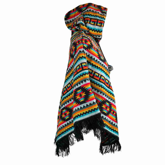 Lightweight Warm Boho Wool Hooded V Style Poncho - Black Colorful