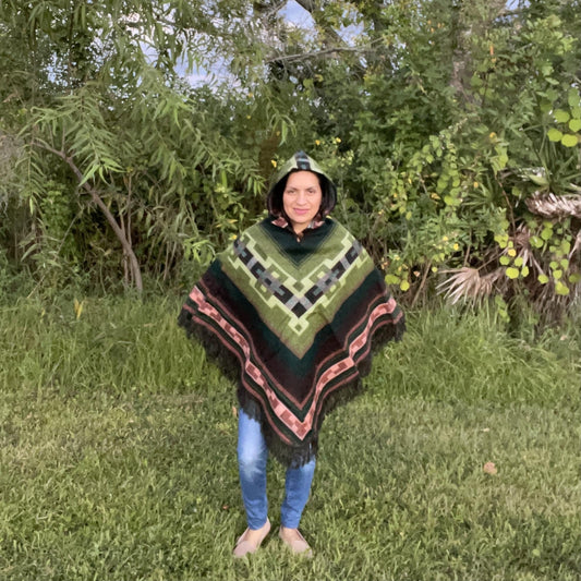 V Shaped Hooded Alpaca Poncho | Green Black