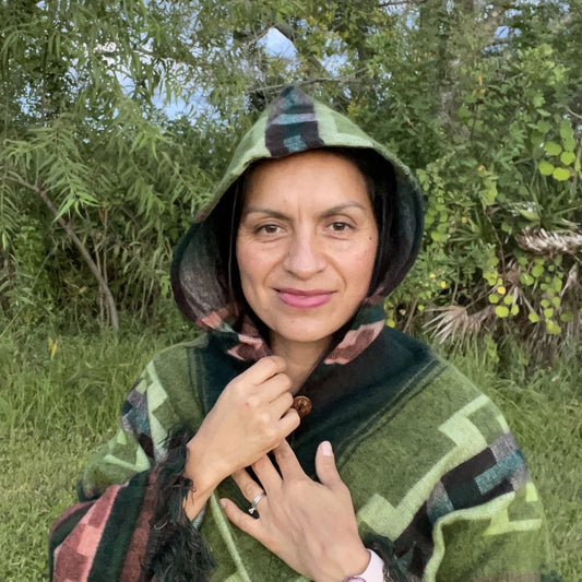 V Shaped Hooded Alpaca Poncho | Green Black