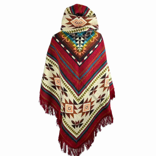 Soft Cozy Boho Alpaca Wool Hooded V Style Poncho - Fierce Red Beige