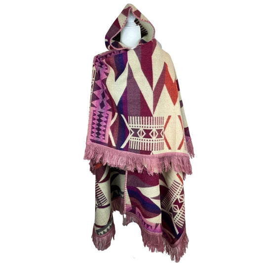 Warm Mens Wool Open Poncho Hoodie | Lilac Beige