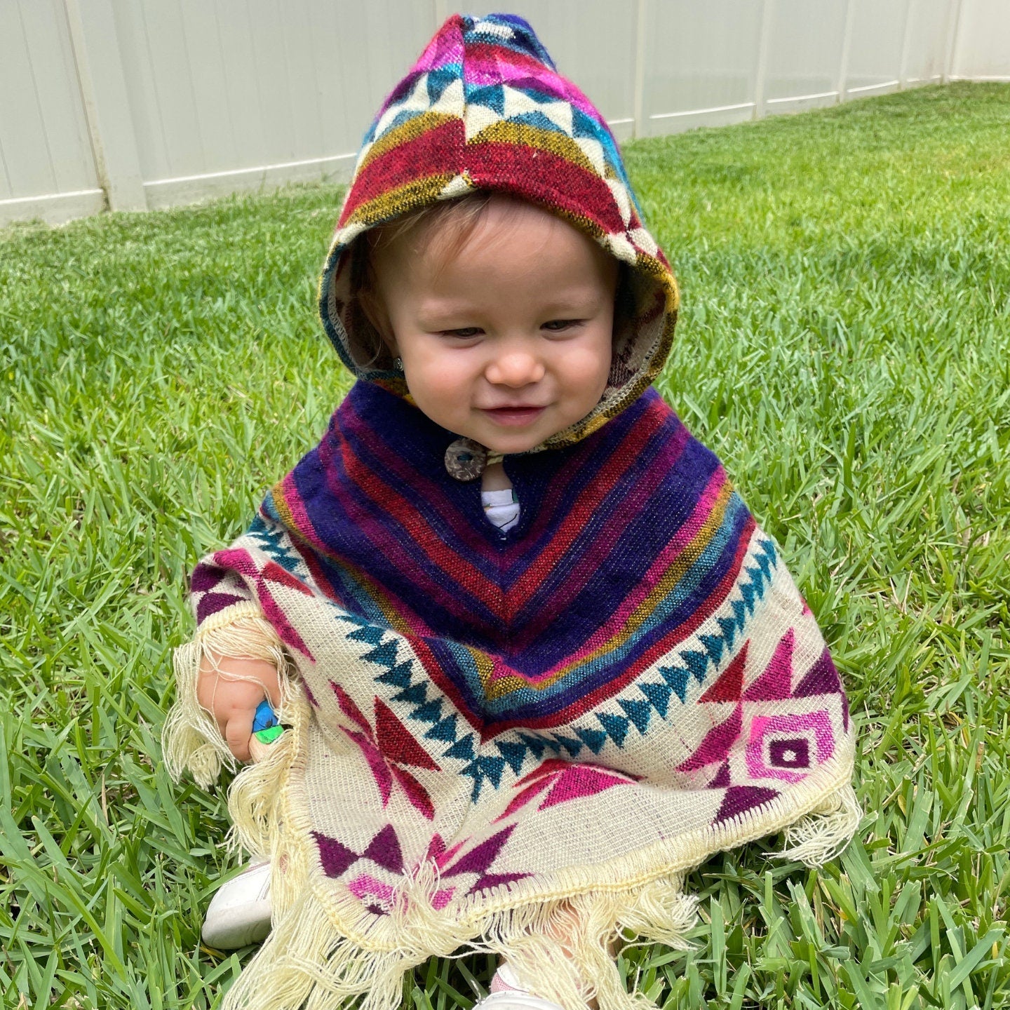 Hooded Alpaca Wool Baby Cape 0-12 months | Kids Overcoat | Blue Colorful