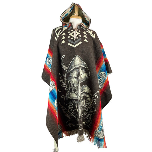 Mushrooms Wool Poncho Hoodie | Black - Brown - Gray - Teal