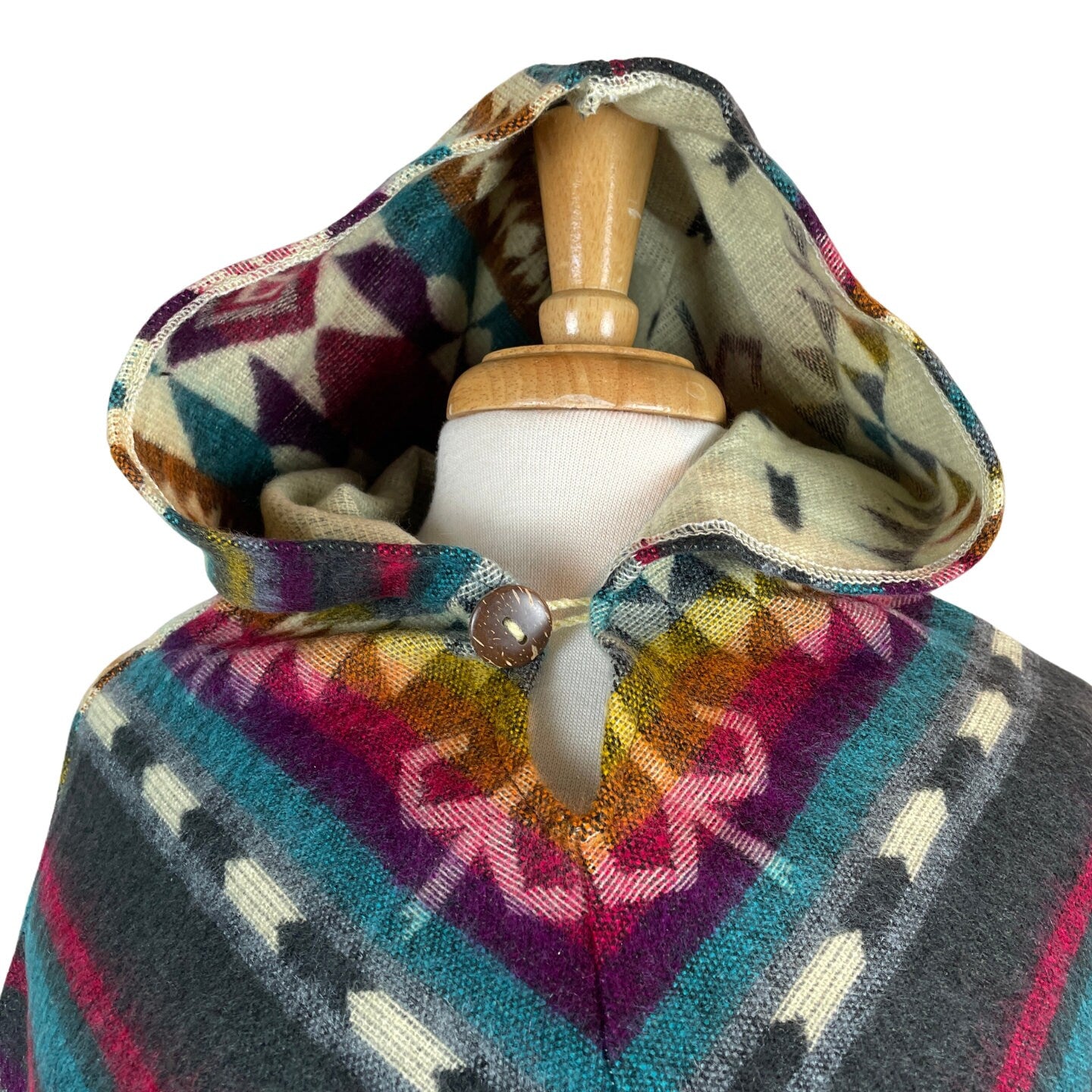 V-Shaped Alpaca Hooded Poncho | Beige Blue Gray