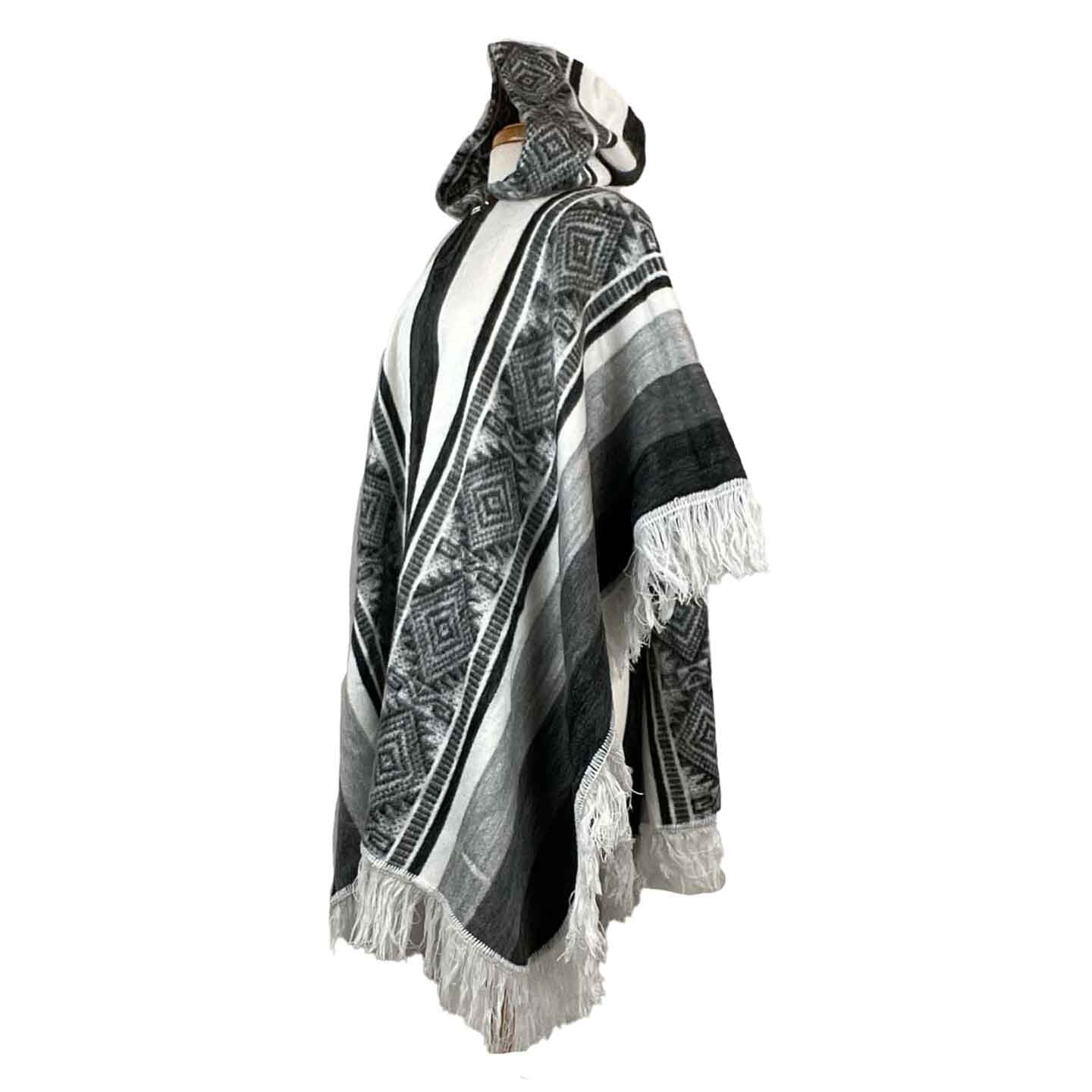 Hooded Alpaca Poncho | White Black Gray