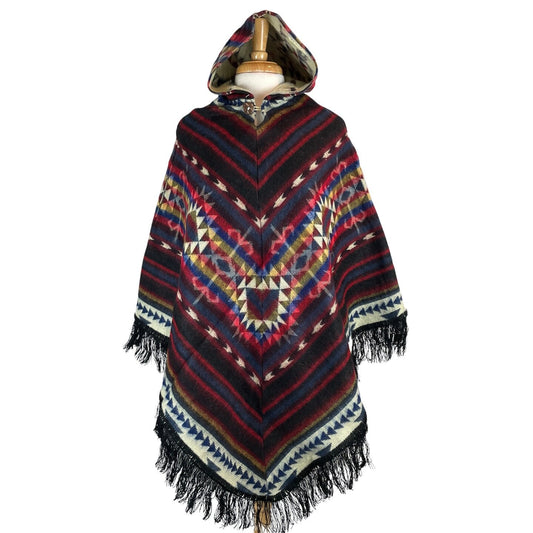 V-Shaped Alpaca Hooded Poncho | Black Red Colorful