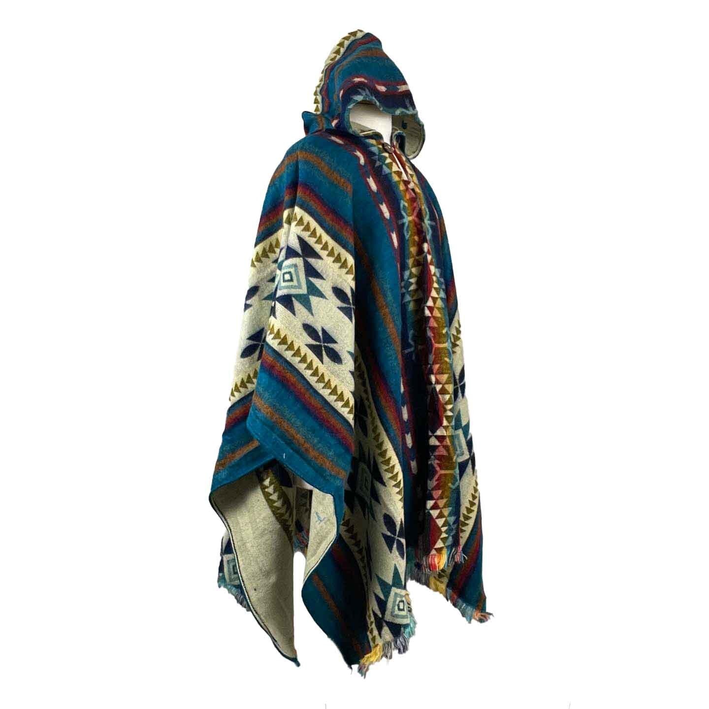 Soft & Cozy Hooded Poncho Coat | Teal Colorful Beige