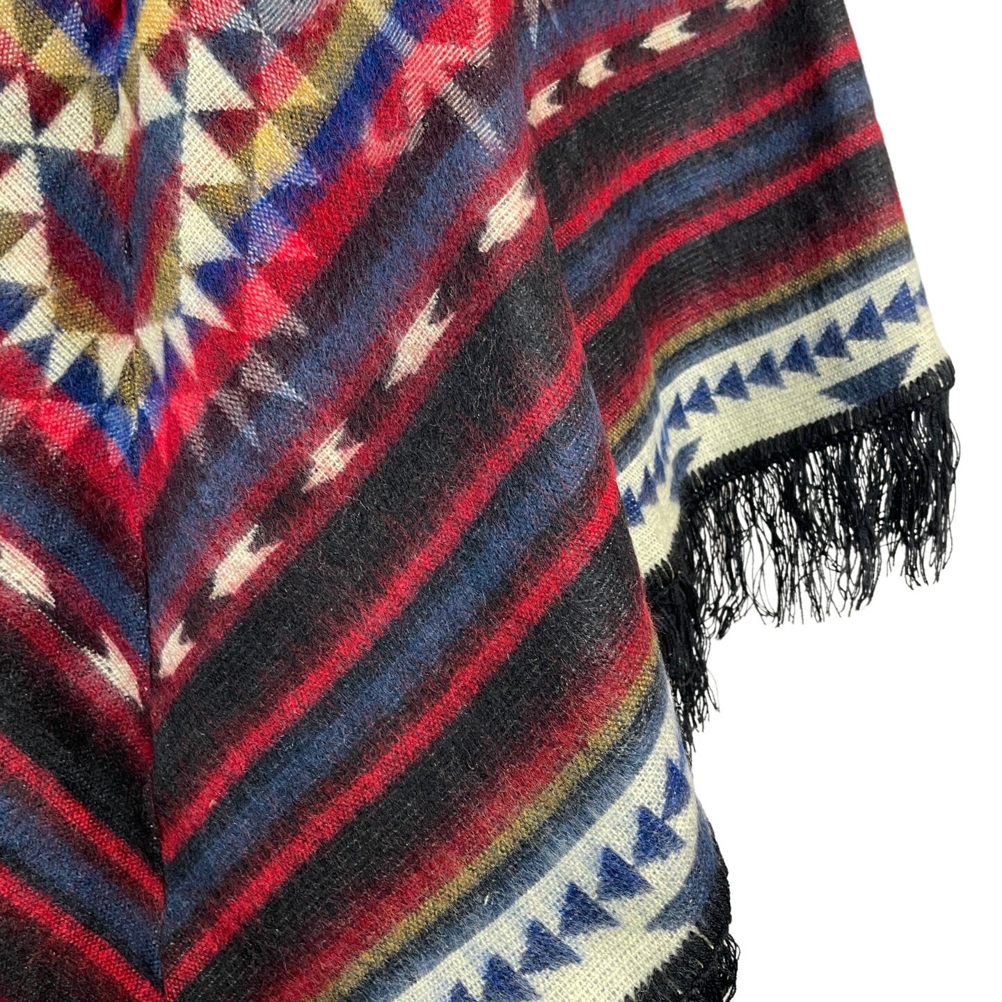 V-Shaped Alpaca Hooded Poncho | Black Red Colorful