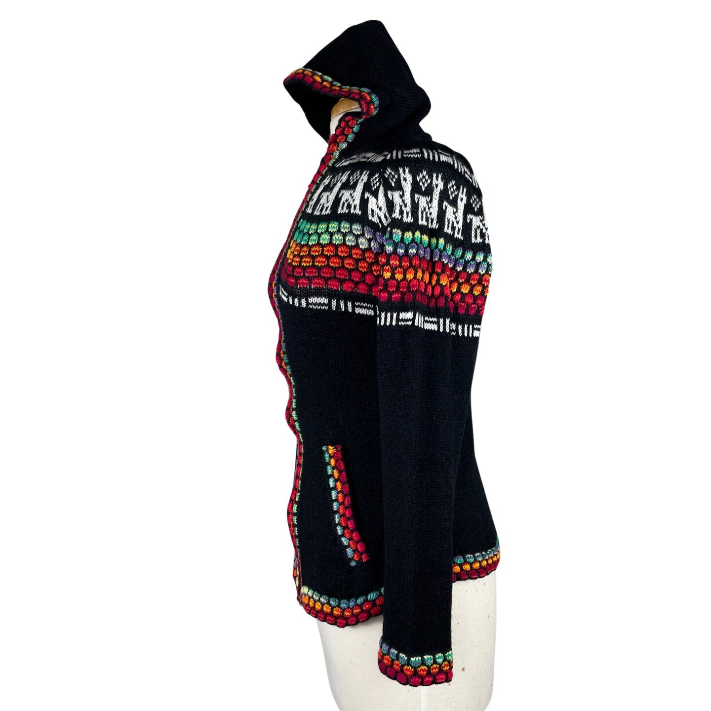 Soft Hooded Alpaca Sweater | Black Colorful