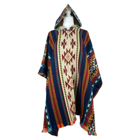 Mens Alpaca Poncho Hoodie | Egyptian Blue Colorful