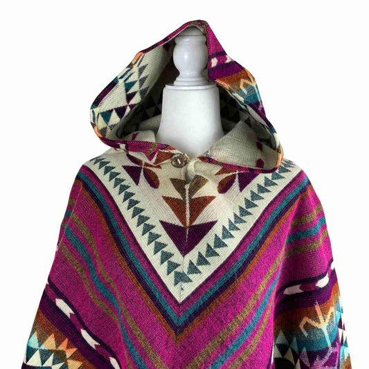 Soft Cozy Boho Alpaca Wool Hooded V Style Poncho - Magenta Beige