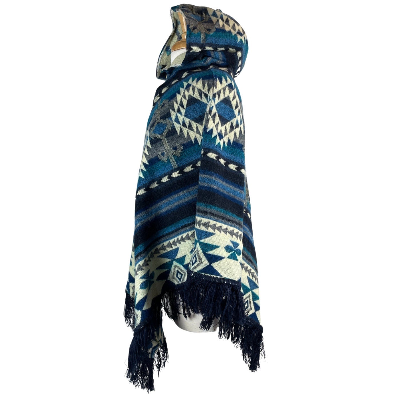 V-Shaped Alpaca Hooded Poncho | Lightweight Soft Woman's Poncho | Hippie Man Poncho | Blue Gray Beige