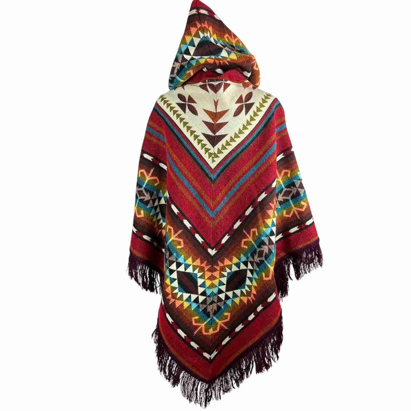 Soft Cozy Boho Alpaca Wool Hooded V Style Poncho - Fierce Red Beige